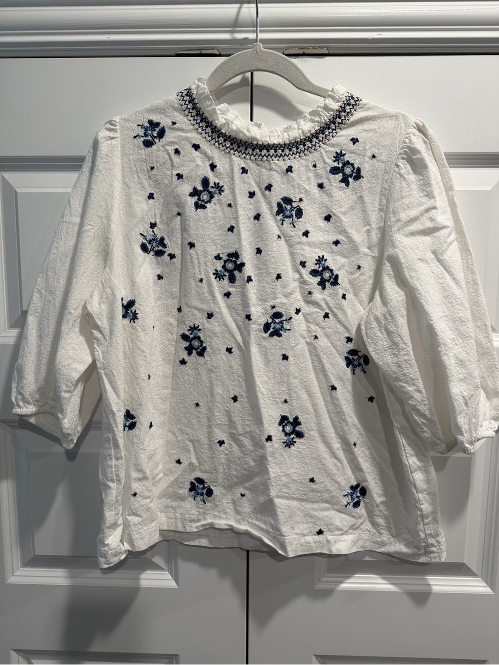 White Peasant Blouse with Navy Blue Floral Embroidery